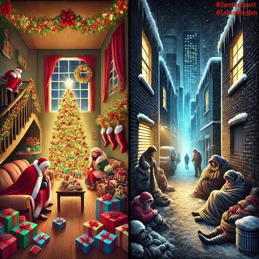 Ein zweigeteiltes Bild zeigt links ein warm beleuchtetes Wohnzimmer mit festlich geschmücktem Weihnachtsbaum, Geschenken und Weihnachtsdekoration. Rechts sitzen frierende obdachlose Menschen in einer verschneiten, dunklen Seitenstraße zwischen hohen Häusern und verdeutlichen den starken Kontrast zwischen Wohlstand und Not.