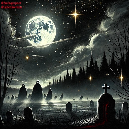 Ein Friedhof bei Nacht. Der Vollmond schaut auf eine Waldlandschaft herab, als dunkle Gestalten sich nähern. Blut tropft von einem der alten Grabsteine.