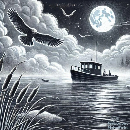 Illustration in Schwarzweiß mit bläulichen Akzenten: Winterlandschaft an einem See. Ein kleines Boot liegt auf dem Wasser unter dem Vollmond. Schilf, verschneite Nadelbäume am fernen Ufer und einige Vögel vervollständigen die nächtliche Szene.
