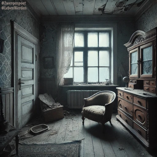 In einem vernachlässigten Raum stehen ein alter Sessel und ein altmodischer Schrank auf den Holzdielen. Durch die vereisten Fenster fällt kaltes Winterlicht auf die staubige Einrichtung.