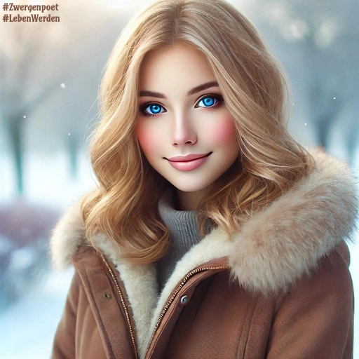 Porträt einer jungen blonden Frau mit schulterlangem Haar in einem warm gefütterten Wintermantel. Sie lächelt sanft in die Kamera, während der verschneite Hintergrund leicht unscharf erscheint.