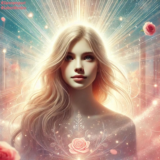 Traumhaftes Porträt einer jungen blonden Frau mit langen Haaren. Warmes, strahlendes Licht umgibt ihr Gesicht, während zarte Rosenblüten und leuchtende Ornamente eine märchenhafte Atmosphäre schaffen.