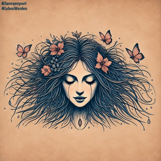 Um den Kopf einer jungen Frau mit langen Haaren und Blüten im Haar schweben schimmernde Wassertropfen und Schmetterlinge. Weiches Licht und warme Farben verleihen dem Bild eine traumhafte Atmosphäre.