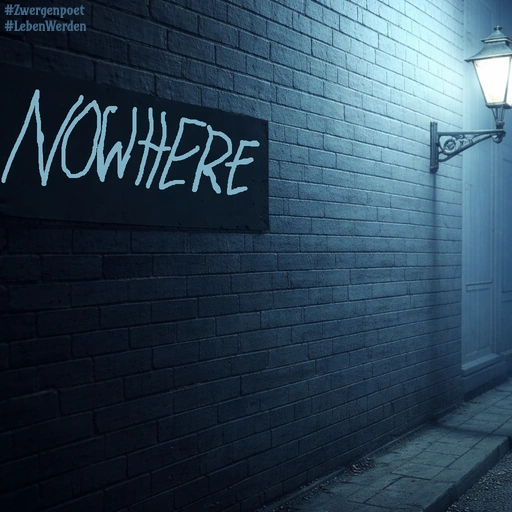 Eine dunkle, neblige Straße. An einer Ziegelwand beleuchtet eine Laterne ein Schild mit der Aufschrift „NOWHERE“.