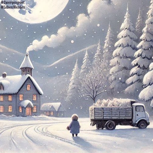 Eine verschneite Winterlandschaft bei Nacht. Vor einer beleuchteten Kirche steht eine einzelne Person. Ein LKW parkt im Schnee, während der Vollmond den Himmel erhellt.