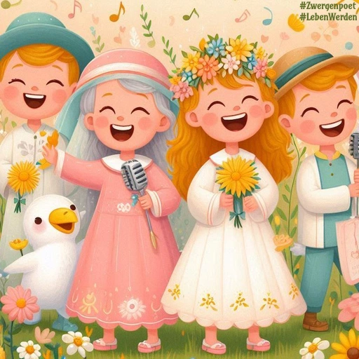 Vier fröhliche Kinder singen auf einer blühenden Wiese im Sonnenschein. Ein Entlein begleitet sie zwischen bunten Blumen.