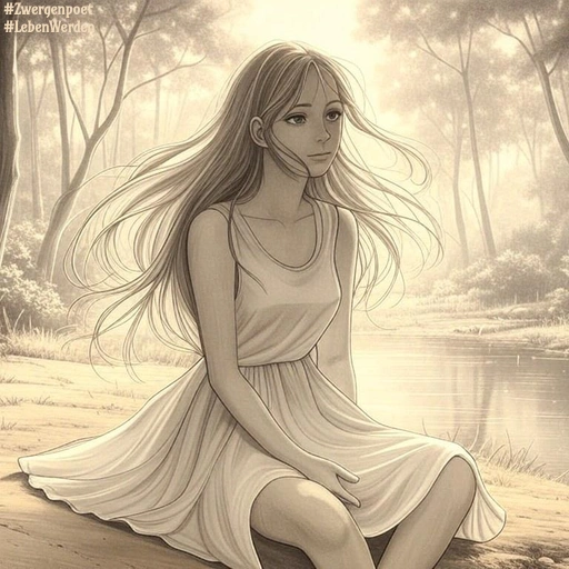 Bild im Stil einer Bleistiftzeichnung: Ein sommerlich gekleidetes Mädchen mit langen Haaren sitzt im Wald an einem Bach.
