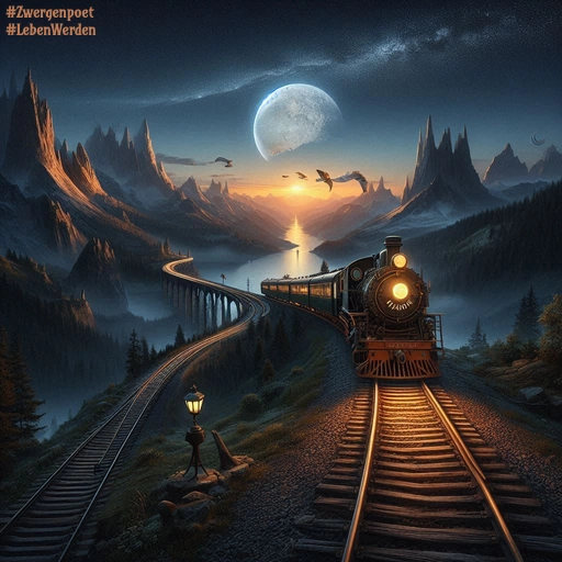 Eine Dampflokomotive fährt auf den Betrachter zu und durchquert eine schroffe Berglandschaft. Im Hintergrund leuchtet ein großer Mond über dem Sonnenuntergang.
