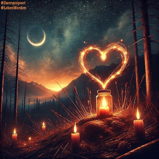 Mehrere Kerzen beleuchten einen kargen Wald in einer Berglandschaft. Aus einer Kerzenflamme formt sich ein Herz aus Funken unter einem verdunkelten Mond in der Morgendämmerung.