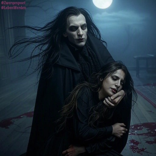 Eine Szene bei Vollmond. Eine männliche Vampirgestalt hält eine erschlaffte, junge Frau mit einer Hand am Hals fest.