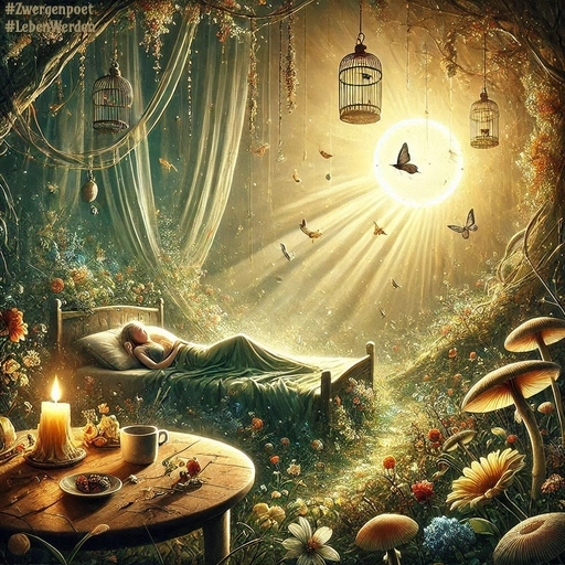 Die Sonne bricht durch einen lichten Wald. In einem Bett liegt eine weiblich anmutende Gestalt, während Schmetterlinge durch die Lichtstrahlen fliegen.