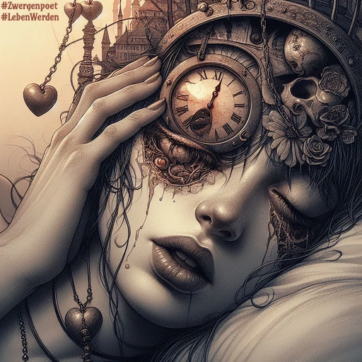 Das surreale Portrait einer schlafenden Frau, angelehnt am Steampunk. Eines ihrer Augen ist einer klassischen Taschenuhr nachempfunden.