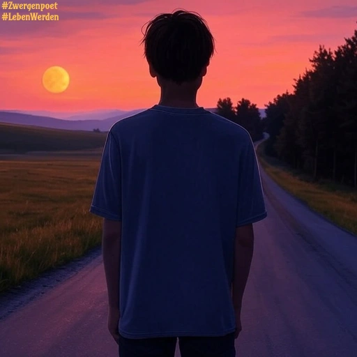 Ein Jugendlicher steht mitten auf einer langen Straße, die bis zum Horizont führt. Es herrscht Abenddämmerung und ein großer, gelblicher Vollmond steht bereits am Himmel.