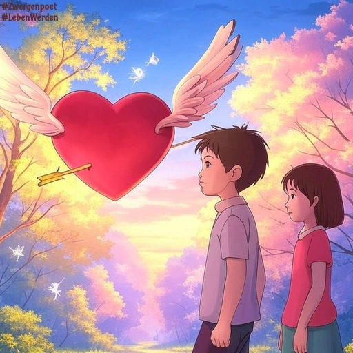 Ein Herz mit Pfeil und Flügeln schwebt in einer Waldlandschaft vor einem Mädchen und einem Jungen.