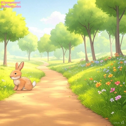 Ein unbefestigter Pfad führt durch eine blühende Wiesenlandschaft mit vereinzelt stehenden Bäumen. Ein Hase sitzt am Wegesrand.