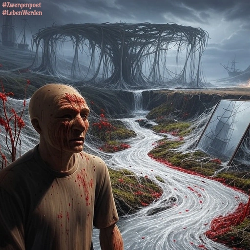 Groteske, surrealistische Szene mit wilder See und Schiffen, einem gespenstischen Baum, einem Fluss aus Seidenfäden, in dem ein Spiegel liegt, und roten Pflanzen. Im Zentrum steht ein vom Schicksal gezeichneter Mann mit blutender Stirn.