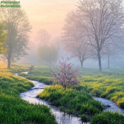 Ein Bach fließt durch eine Graslandschaft, in der vereinzelt Bäume und erste Blumen blühen.