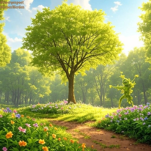 Ein lichter Laubwald mit bunten Blumen. Ein grünes, menschlich wirkendes Wesen grüßt den Betrachter.