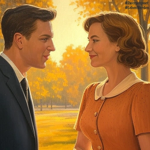 Ein Mann und eine Frau stehen sich lächelnd gegenüber und schauen sich in die Augen. Sie tragen Kleidung im Stil der 1960er Jahre und befinden sich in einem herbstlich gefärbten Park.