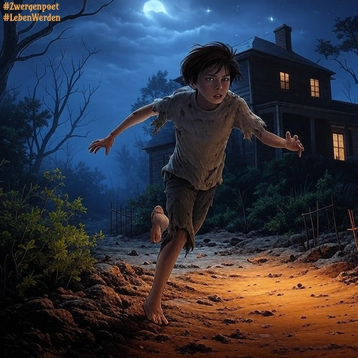 Ein Junge in verwahrloster Kleidung rennt in der Nacht einen steinigen Weg entlang, fort von einem düsteren Haus, in dem ein Licht brennt.