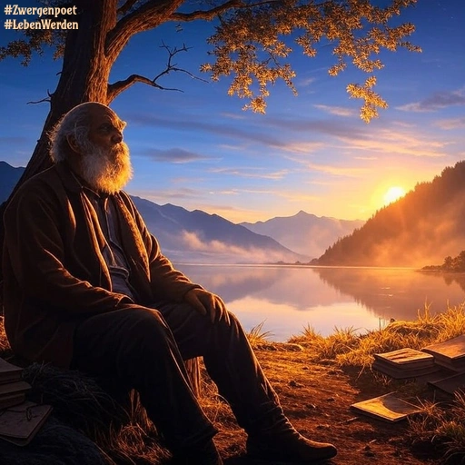 An einem Bergsee sitzt ein alter, bärtiger Mann unter einem Baum. Neben ihm liegen mehrere Bücher auf dem Boden.