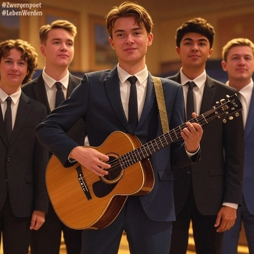 Fünf festlich gekleidete Abiturienten stehen nebeneinander, einer von ihnen hält eine Akustikgitarre in den Händen.