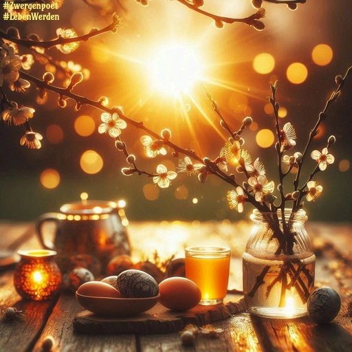 Blühende Zweige und Osterdekoration im Sonnenlicht.