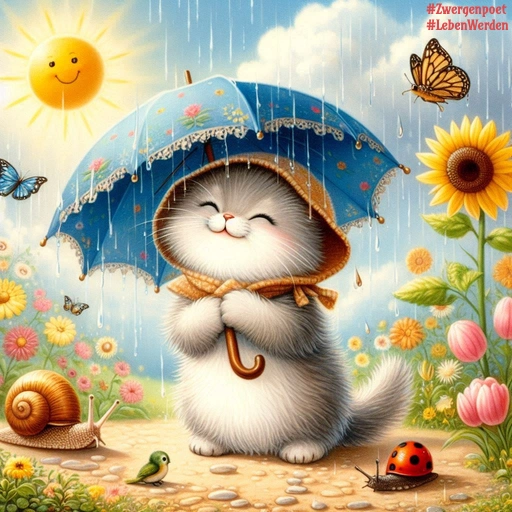 Ein Bild im Stil eines Kinderbuchs: Eine Katze mit Schirm und Kopfbedeckung steht lächelnd auf einer Blumenwiese. Eine lächelnde Sonne, Schmetterlinge, zwei Schnecken, ein Marienkäfer und ein Vögelchen begleiten sie im leichten Regen.