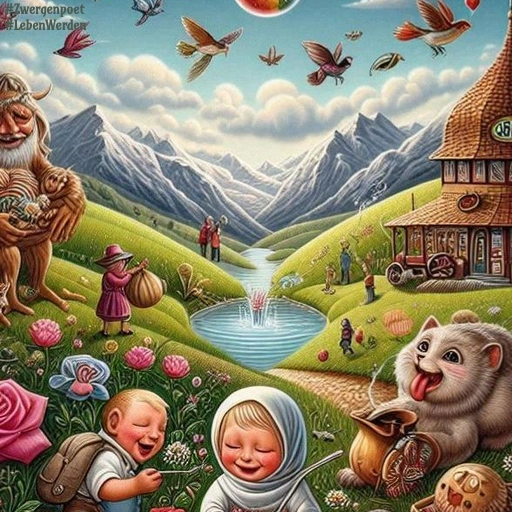 Surrealistische Bildkomposition: Auf einer Wiese in den Bergen spielen Kinder, Tiere und Fabelwesen bei einem kleinen See. In der Nähe steht ein altertümliches Haus.