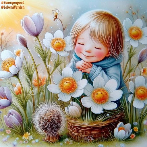 Ein lächelndes Kind träumt auf einer sonnigen Blumenwiese zwischen Frühlingsblumen wie Krokusse und Margeriten, während warmes Sonnenlicht die friedliche Szene erhellt.