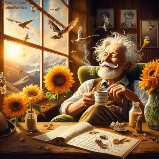 Ein alter bärtiger Mann mit zauseligen Haaren blickt glücklich aus dem Fenster auf eine Berglandschaft. Um ihn herum fliegen Vögel und Sonnenblumen schmücken den Raum.
