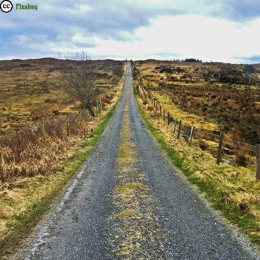 Ein befestigter, gerader Feldweg führt durch eine offene, leicht hügelige Landschaft bis zum Horizont unter einem bewölkten Himmel.