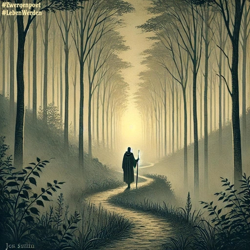 Eine Gestalt, bekleidet mit einem Kapuzenumhang, geht auf einen Waldpfad dem Morgengrauen entgegen.