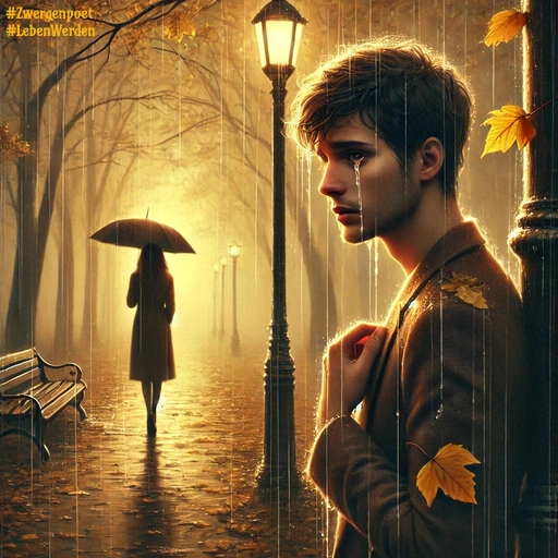 Ein junger Mann steht mit Tränen im Gesicht an einer Laterne im herbstlichen Regen, während eine Frau mit einem Regenschirm einen beleuchteten Parkweg entlanggeht.