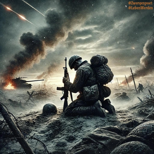 Auf einem Schlachtfeld kniet ein erschöpfter Soldat, der sich auf sein Gewehr stützt. Im Hintergrund ziehen Rauchwolken auf, ein Panzer fährt durch die Landschaft und vereinzelt sind weitere Soldaten zwischen Feuer und Trümmern zu erkennen.