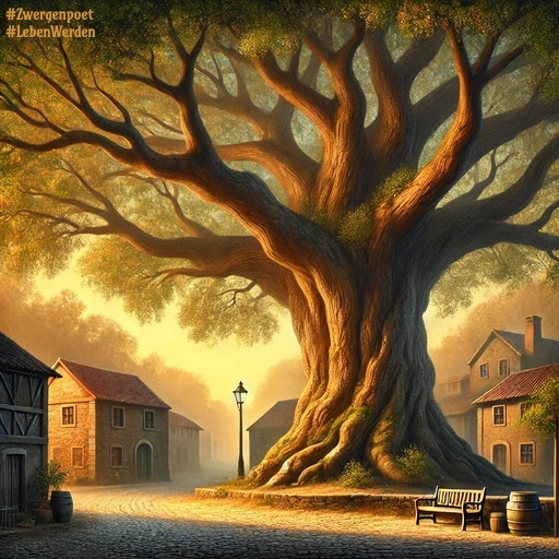 Ein alter, mächtiger Lindenbaum steht auf einem gepflasterten Dorfplatz, umgeben von historischen Häusern und einer Sitzbank.