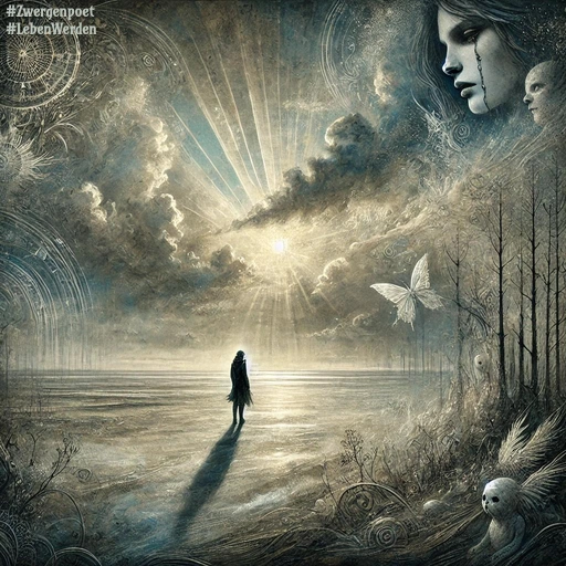 Eine überwiegend in Grau- und Blautönen gehaltene surreale Illustration. Eine einzelne Person steht am Strand und blickt einer hellen Sonne entgegen. Rechts erscheinen ein weibliches Gesicht mit Tränen sowie weitere symbolische Gestalten und Naturmotive.