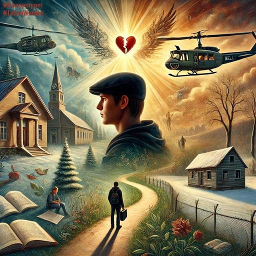 Collage zum Jahr 1996: Ein junger Mann blickt auf einen Weg zwischen Winter und Frühling. Um ihn herum erscheinen Helikopter, Bücher, eine Kirche, ein zerbrochenes Herz, hoffnungsvolles Licht sowie weitere Sinnbilder für Verlust, Liebe, Erwachsenwerden und persönliche Erfahrungen.