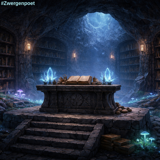 Eine natürliche Höhle, beleuchtet von Laternen, lumineszierenden Pilzen und schimmernden Kristallen. Bücherregale in den Felswänden. In der Mitte ein Podest und einem altarähnlichen Tisch, auf dem ein aufgeschlagenes Buch liegt.