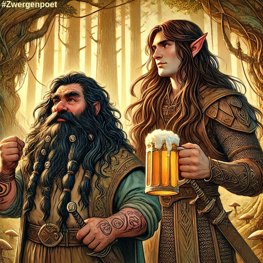 Ein Zwerg und ein Elf stehen in Freundschaft beieinander.