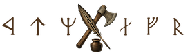 Logo des Zwergenpoeten bestehend aus gekreuzter Axt und Schreibfeder sowie Runen, deren Bedeutung &bdquo;alte Schriften&rdquo; ist.