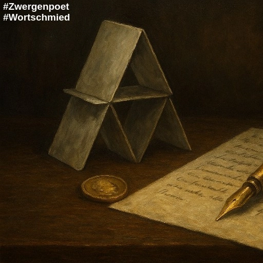 Ein F&uuml;llfederhalter, ein Blatt Papier. ein Kartenhaus und eine Goldm&uuml;nze auf einem Holztisch.