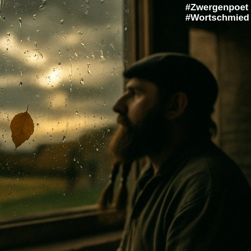 Ein Mann mit zwei Z&ouml;pfen im Bart sitzt am Fenster, an dem einige braune Bl&auml;tter haften. Draußen bricht die Sonne durch die Wolkendecke.