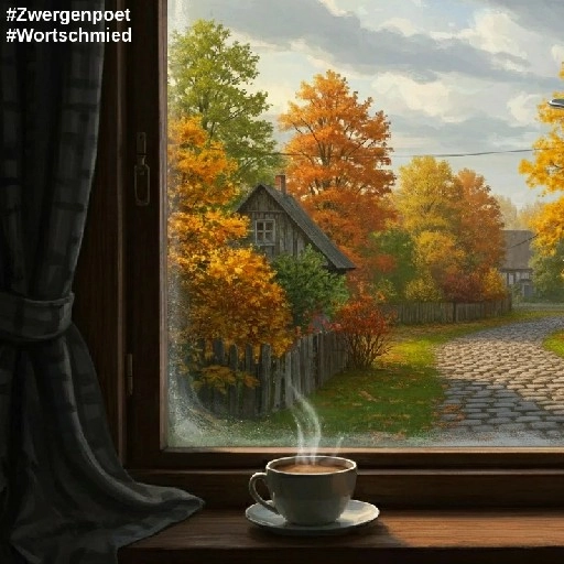 Blick aus dem Fenster eines gem&uuml;tlichen Fachwerkhauses nach draußen auf die Dorfstraße. Dort stehen entlang der Straße einige Laubb&auml;ume, die in allen Farben den Herbst zeigen. Innen, vor dem Fenster steht eine dampfende Kaffeetasse.