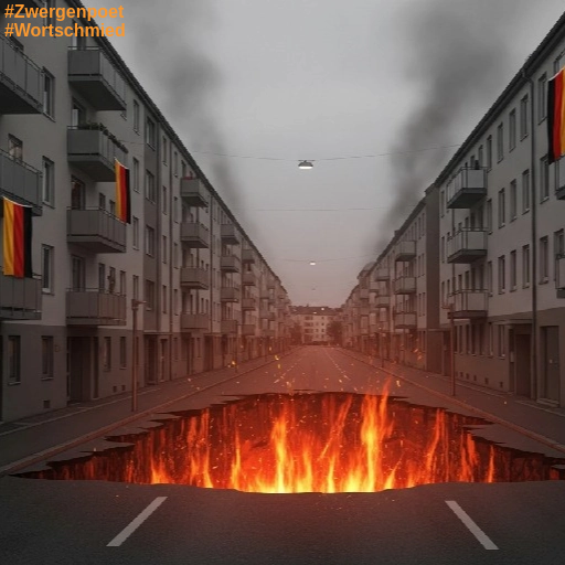 Eine typische Straße innerhalb einer Stadt in Deutschland. Flaggen h&auml;ngen von einigen Balkonen. In der Mitte der Straße klafft ein großes feuriges Loch.