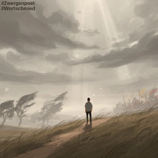 Sonnenstrahlen brechen durch die Wolken, Wind weht, eine Meute mit Fahnen und Bannern. In der Mitte steht ruhig eine Person und beobachtet die Szene.