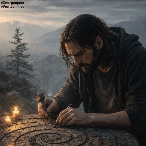 Ein b&auml;rtiger Mann im Hoodie bearbeitet mit feinem Steinmetzwerkzeug einen flachen Stein, beleuchtet von Kerzen. Die entstandene Mehrfachspirale erinnert an einen Kalender. Im Hintergrund eine Berglandschaft.