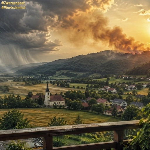 Blick von einem Balkon über ein Tal mit Kirche, Feldern und bewaldeten Hügeln. Rechts scheint die heiße Sonne über einer Rauchsäule aus dem Wald, links ziehen Regenwolken auf und der Wind treibt feine Regentropfen über die Landschaft.