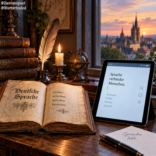 Ein historisches Buch liegt aufgeschlagen neben einem modernen Tablet auf einem Schreibtisch, auf dem außerdem eine Schreibfeder und eine brennende Kerze stehen. Der Blick aus einem Fenster zeigt eine typische mitteleuropäische Stadt.