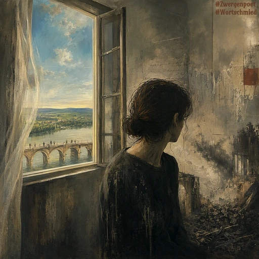 Ein Gemälde zeigt eine Frau in dunkler Kleidung, die mit dem Rücken zu einem offenen Fenster sitzt. Draußen ist eine Brücke in einer grünen Landschaft zu sehen, während ihr Blick auf eine Wand mit der Darstellung einer zerstörten Stadt gerichtet ist.